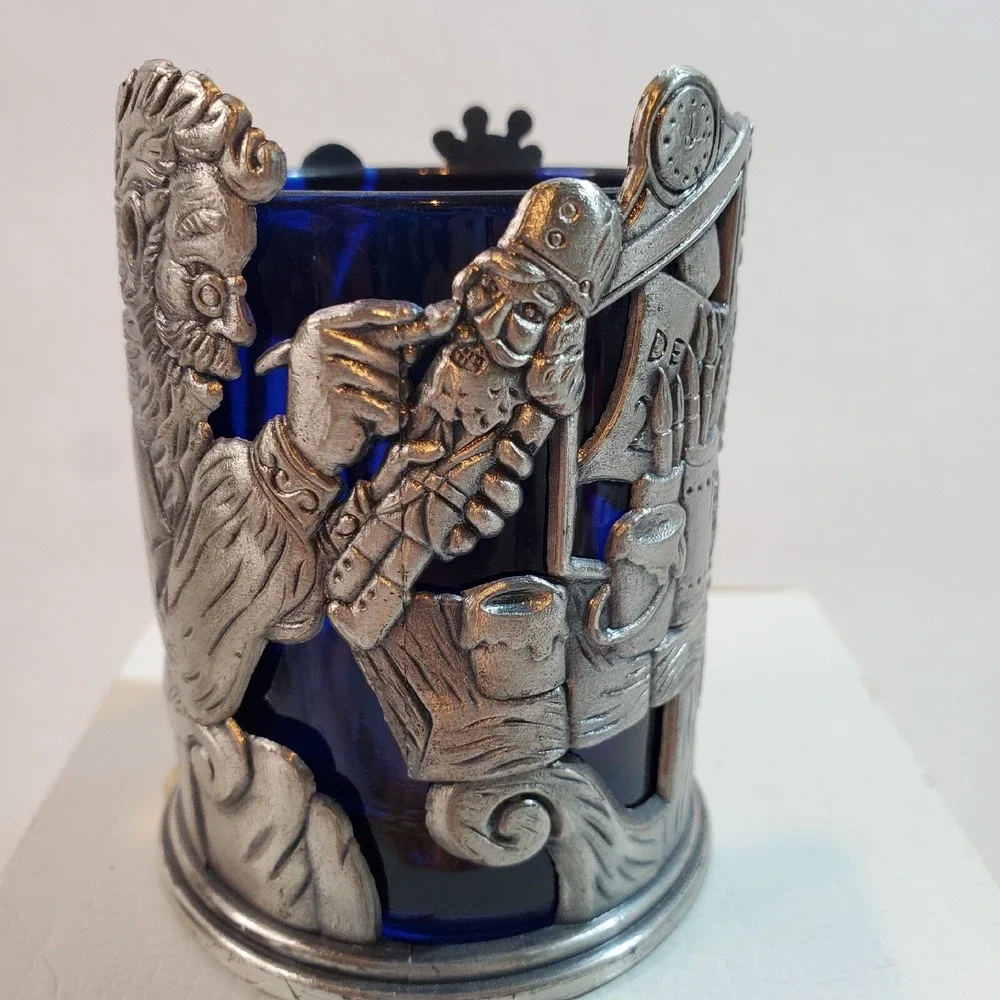 ROC Pewter Santa Christmas Votive Candle Holder w/Cobalt Glass Liner 3